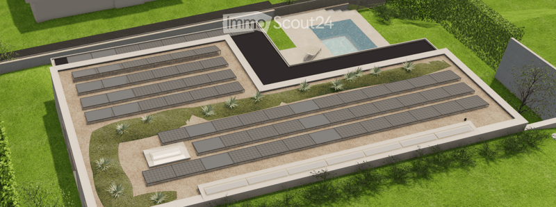 A modern rooftop garden with solar panels, a small swimming pool, and a few succulents.