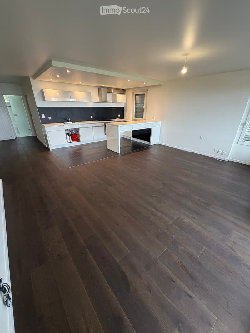 Empty kitchen with white cabinets, dark countertops, and dark wooden flooring. No furniture or appliances are present.