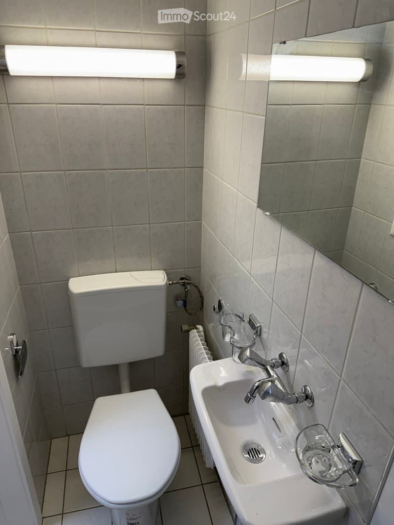 A small bathroom with white tiles, a toilet, a sink, a mirror, and a radiator.