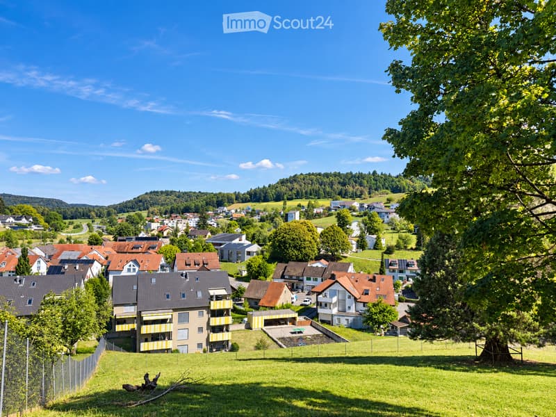 A panoramic view of a suburban neighborhood with multiple houses, surrounded by green fields and trees under a clear blue sky.