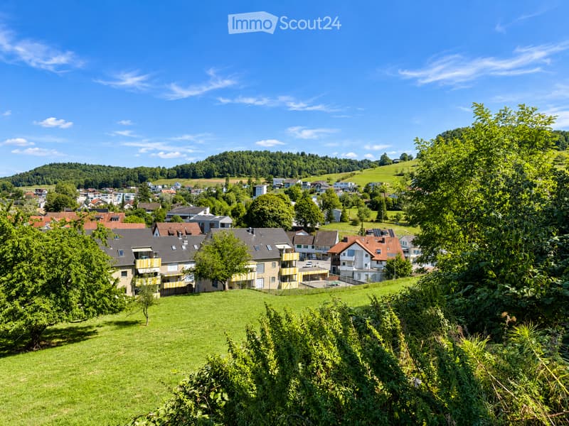 A panoramic view of a residential area with multiple houses, surrounded by lush green trees and hills under a clear blue sky.