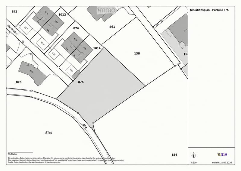 Floor plan showing multiple plots and buildings labeled with numbers, including plot 875 and surrounding structures.