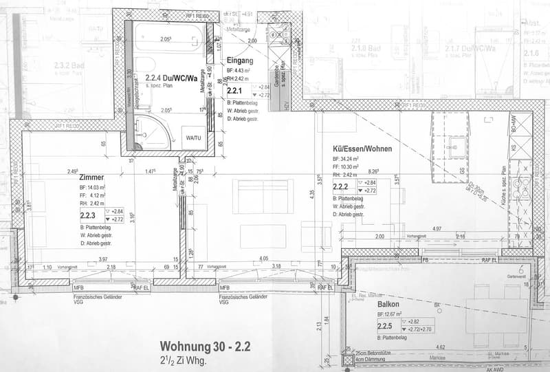 Floor plan of a 2.5-room apartment with living/dining/bedroom area, kitchen, two bathrooms, and a balcony.