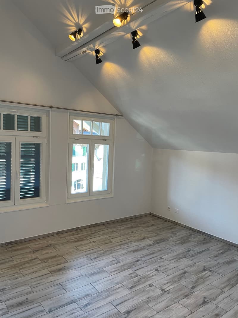 Empty attic room with wooden flooring, white walls, and large windows with shutters. Track lighting is mounted on the sloped ceiling.