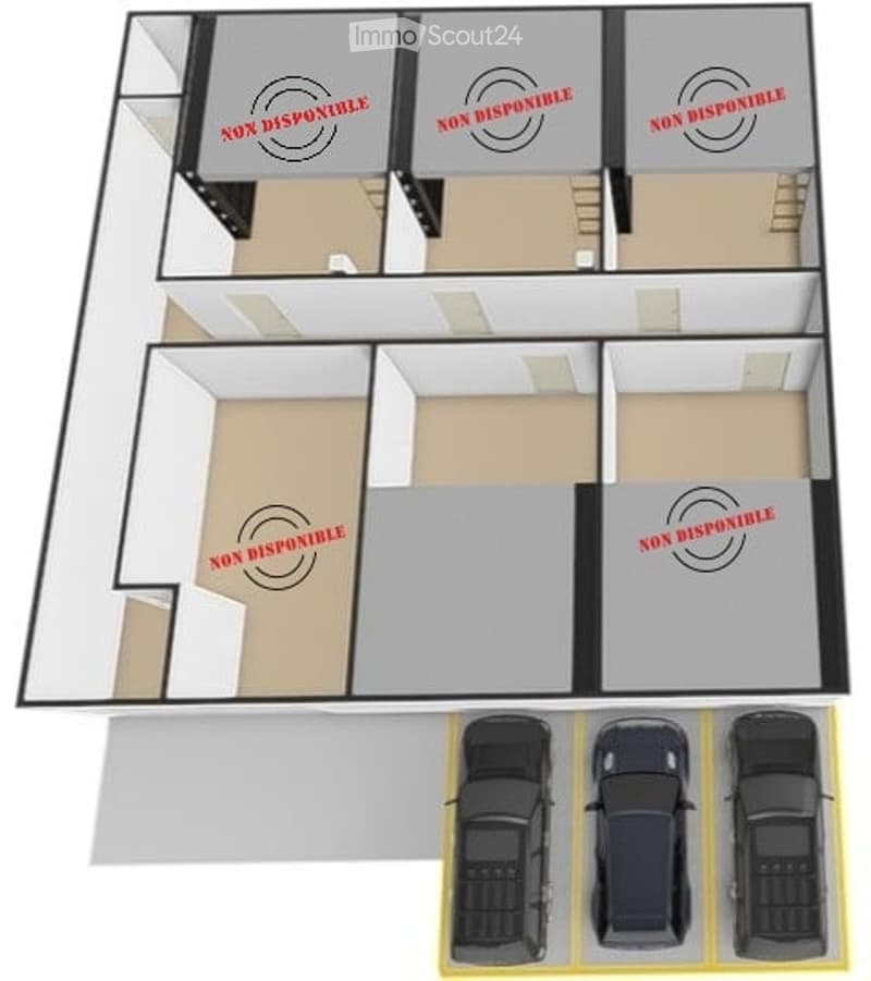 Top floor layout showing multiple rooms labeled 'NON DISPONIBLE' with parking spaces for three cars below.