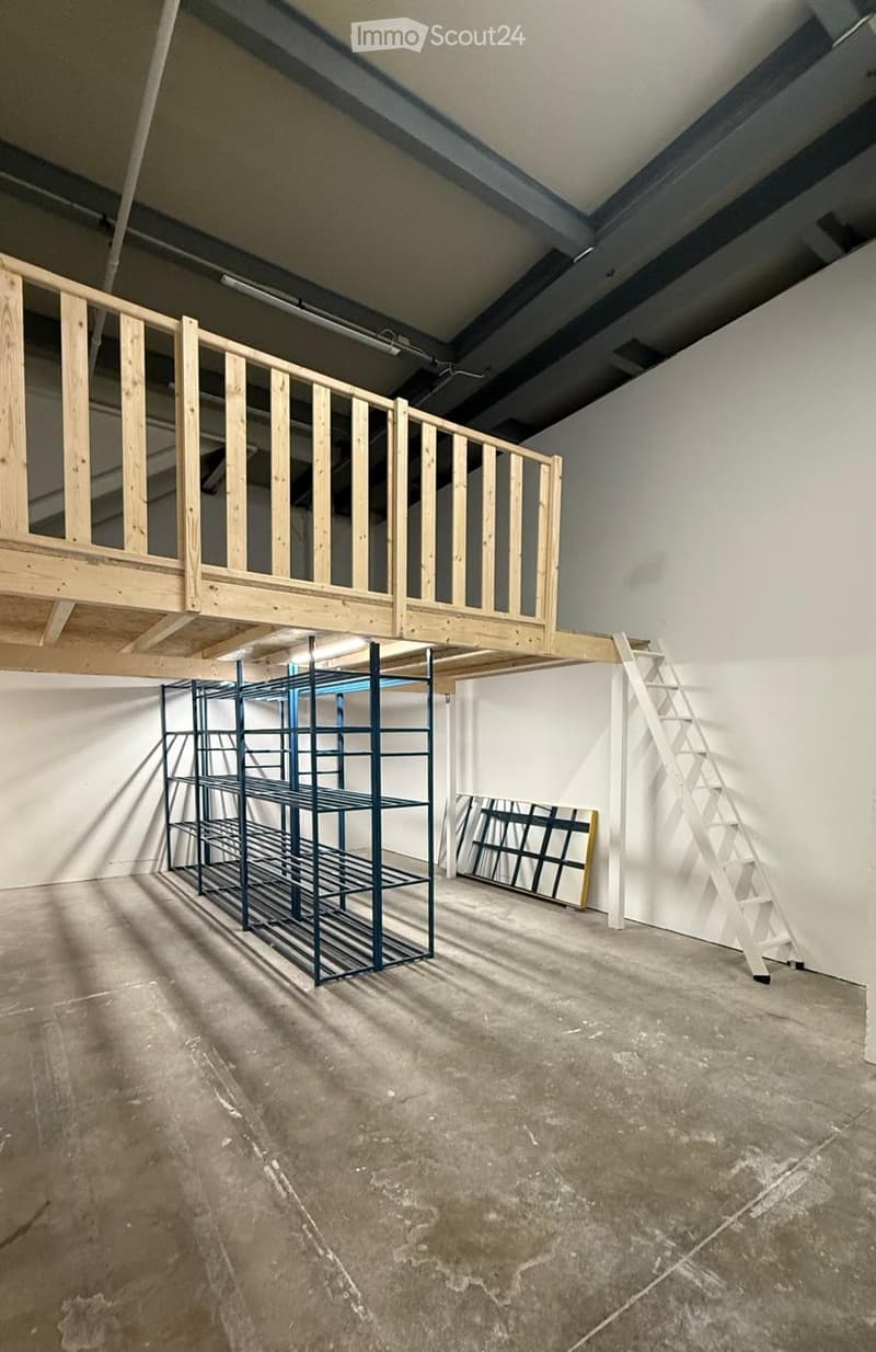 Empty room with unfinished concrete floor, white walls, exposed metal beams, and a wooden loft platform with a ladder leading up to it. A metal shelving unit and a large mirror are present.