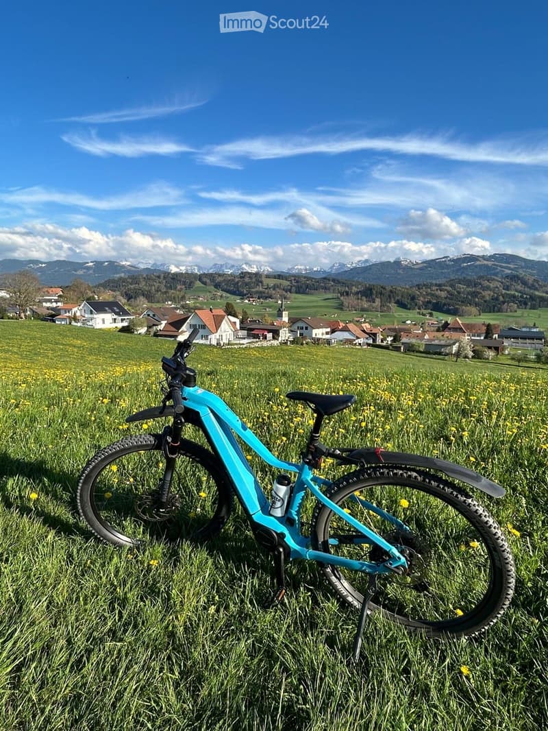 A turquoise electric fat tire bike is placed on a grassy field with yellow flowers, surrounded by a rural village and distant mountains under a clear blue sky.