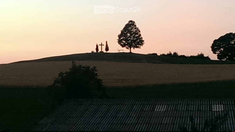 hill with trees and a cross, sunset view