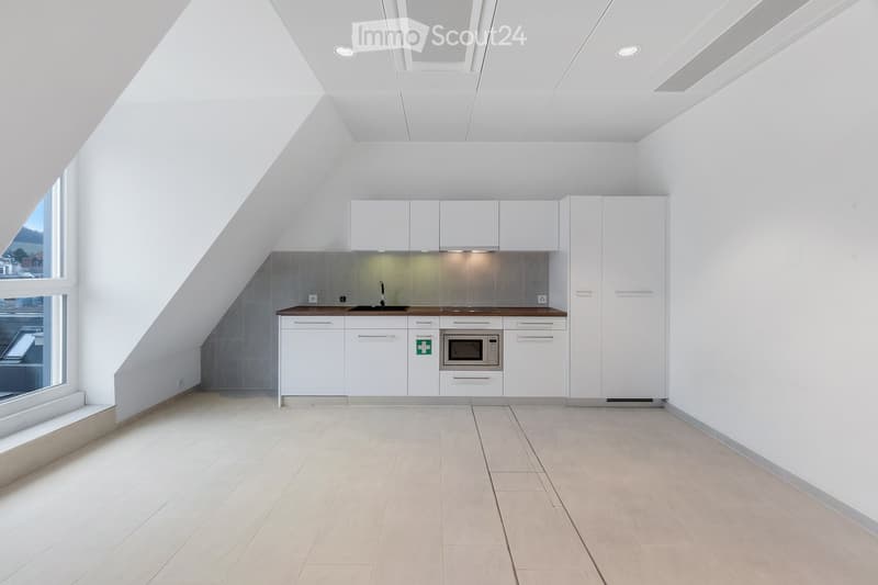 Modern, minimalist kitchen with white cabinets, a stainless steel sink, and a built-in microwave. The space features large windows and a skylight, providing ample natural light.