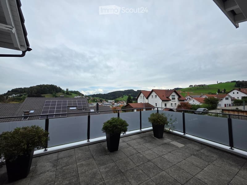 Balcony with modern glass railing, tiled floor, and potted plants, overlooking a residential area with houses and hills.