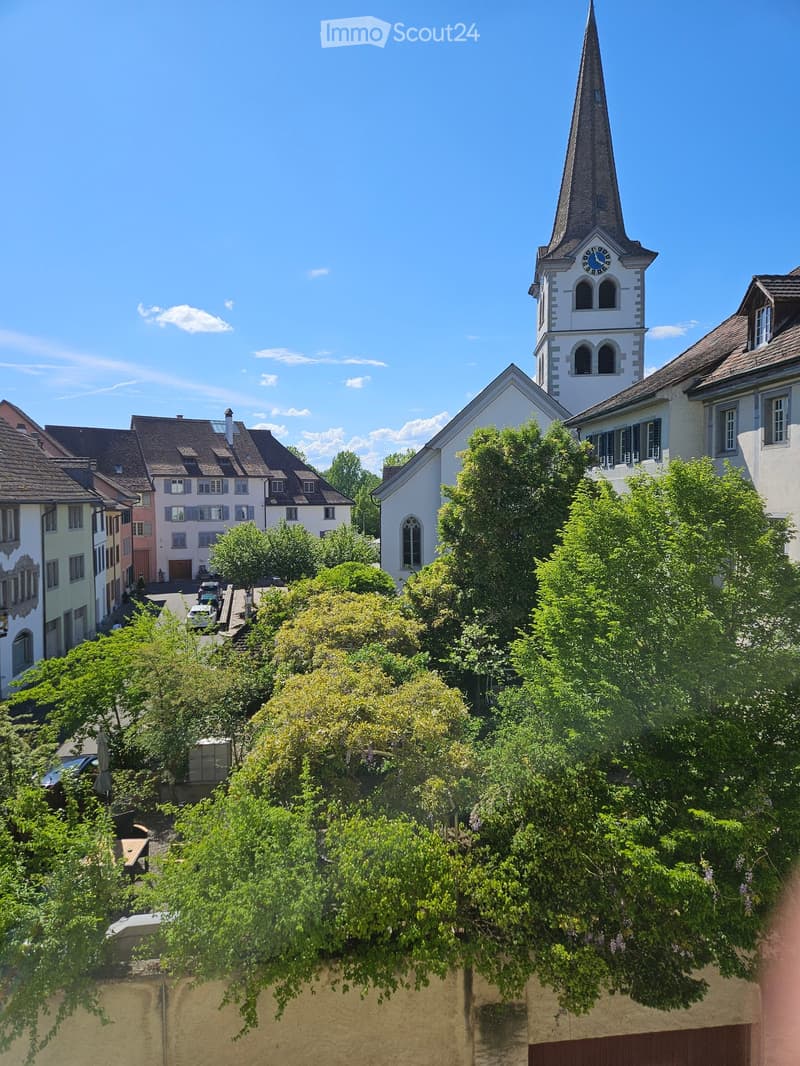 A view of a town with a prominent church featuring a tall spire and clock tower, surrounded by residential buildings and lush greenery.