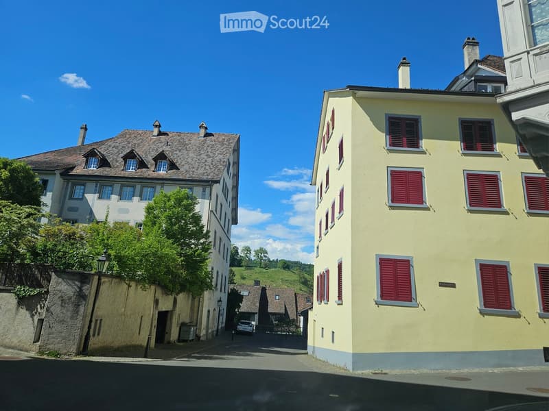 Two-story buildings with red shutters and tiled roofs on a narrow street, surrounded by greenery and a clear blue sky.