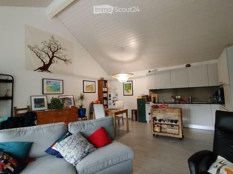 Open-plan living and dining area with a grey sofa, wooden dining table, white chairs, kitchen area with cabinets and appliances, and decorative items including framed pictures and a potted plant.