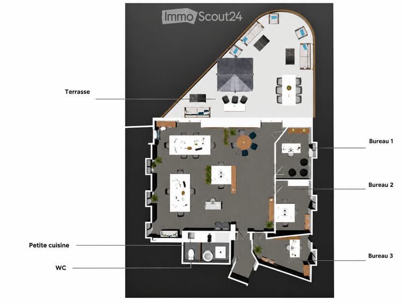 Layout includes a small kitchen, three offices, a WC, and a terrace.