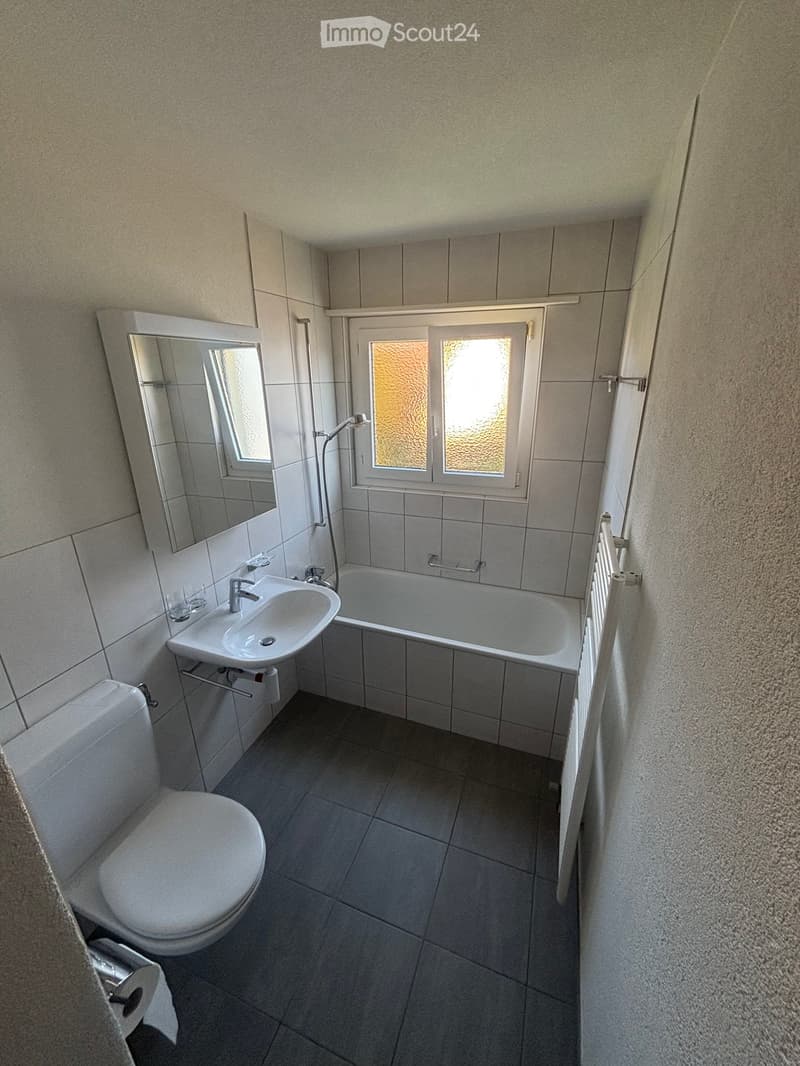 Modern bathroom with white tiles, a toilet, a sink with a mirror, a bathtub, and a window with frosted glass. Includes a towel rack and a small shelf with glasses.