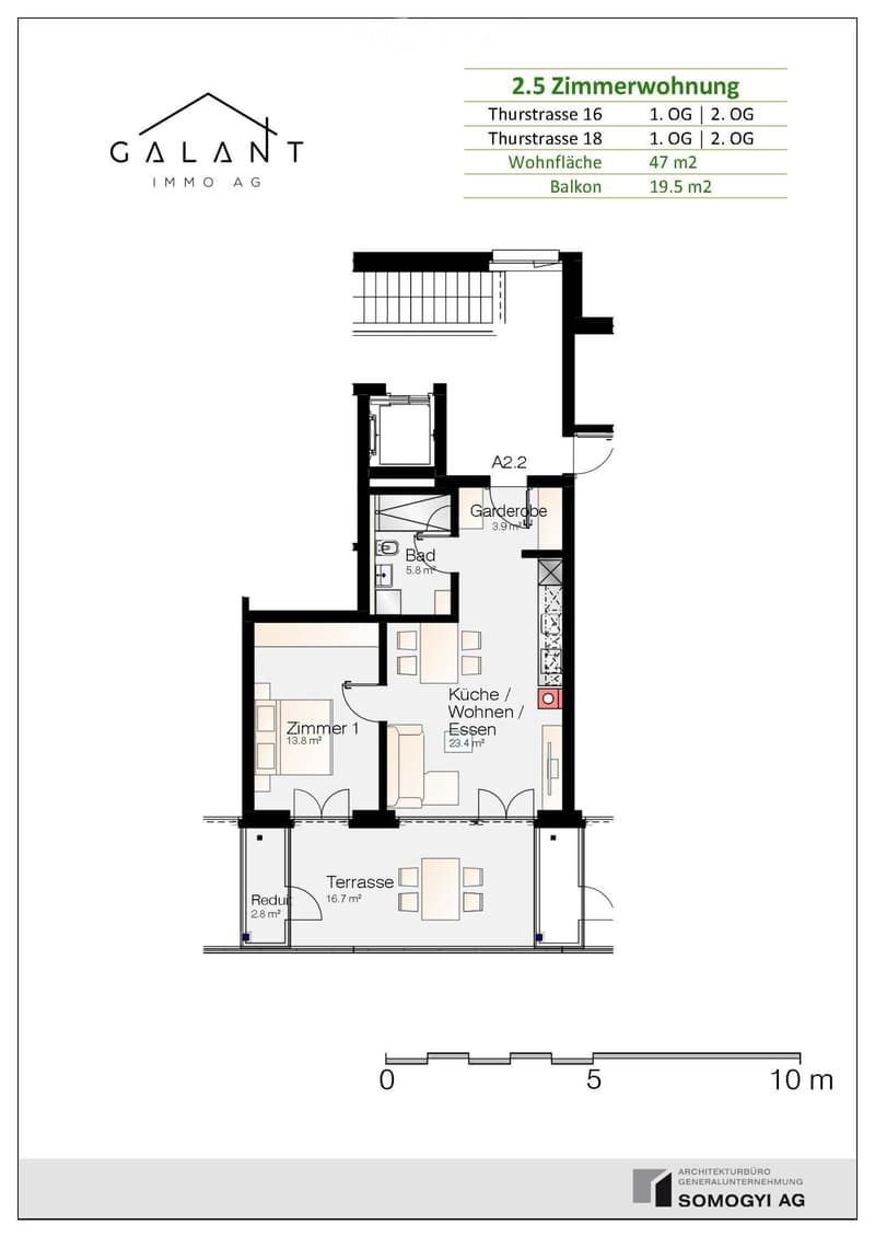 Floor plan of a 2.5-room apartment with a kitchen/living/dining area, bedroom, bathroom, hallway, and terrace.