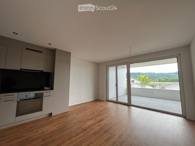 Modern kitchen with light grey cabinets, wooden flooring, and a large sliding glass door leading to a balcony.