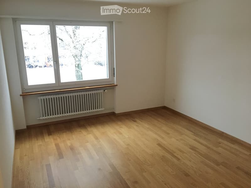 Empty room with wooden flooring, white walls, and a large window with a radiator below it.