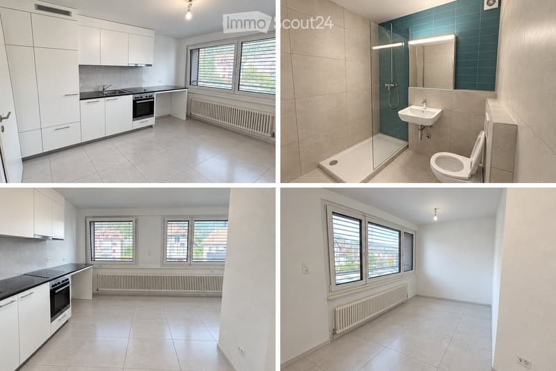 Four images showing a modern, unfurnished apartment with a kitchen, bathroom, and living space. The kitchen features white cabinets, a countertop, and built-in appliances. The bathroom includes a shower, sink, and toilet. The living space is empty with la