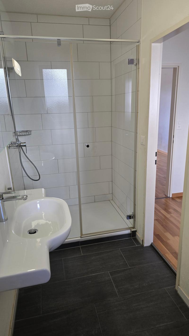 Modern bathroom with a white sink, chrome faucet, glass-enclosed shower, and dark tiled floor.