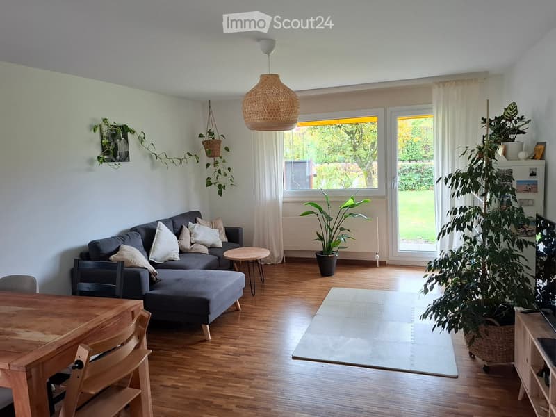 Modern living room with wooden flooring, large windows, grey sectional sofa with white cushions, ottoman, coffee table, dining table, chairs, and several potted plants.