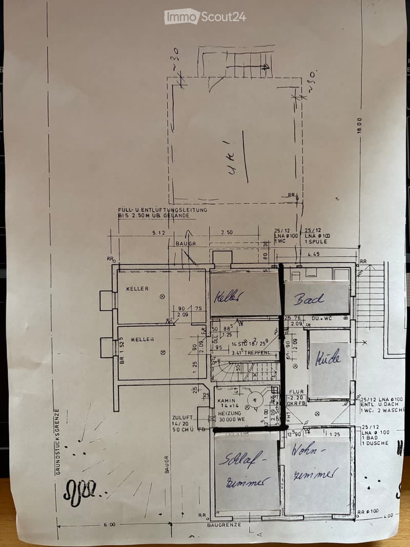 Hand-drawn floor plan showing basement, ground floor, and first floor with labeled rooms including kitchen, living room, bedroom, bathroom, and heating room.