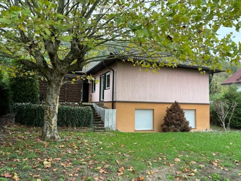 Single-story house with beige siding, white-framed windows, and a small staircase leading to the entrance. The house is surrounded by a well-maintained lawn, a tree, and some shrubs.