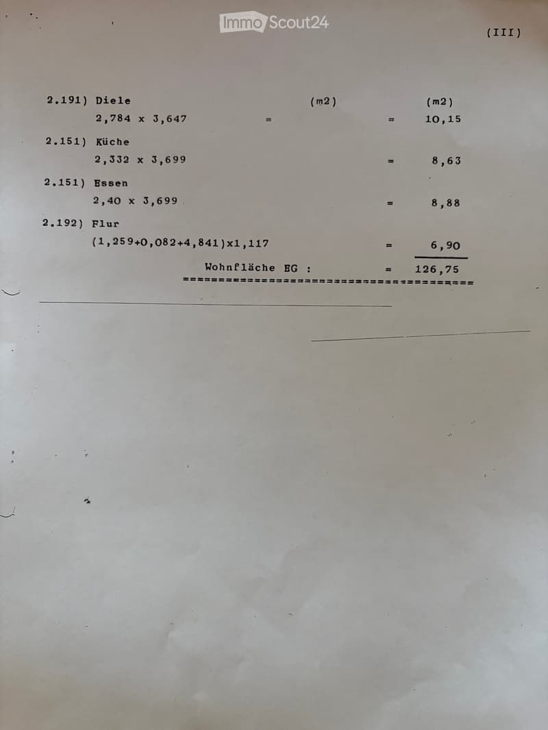 Floor plan calculations showing room dimensions and total living area for a ground floor (BG).