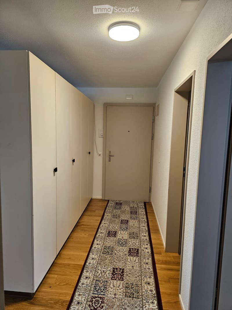 A narrow hallway with wooden flooring, a patterned rug, white walls, and a closed door at the end.