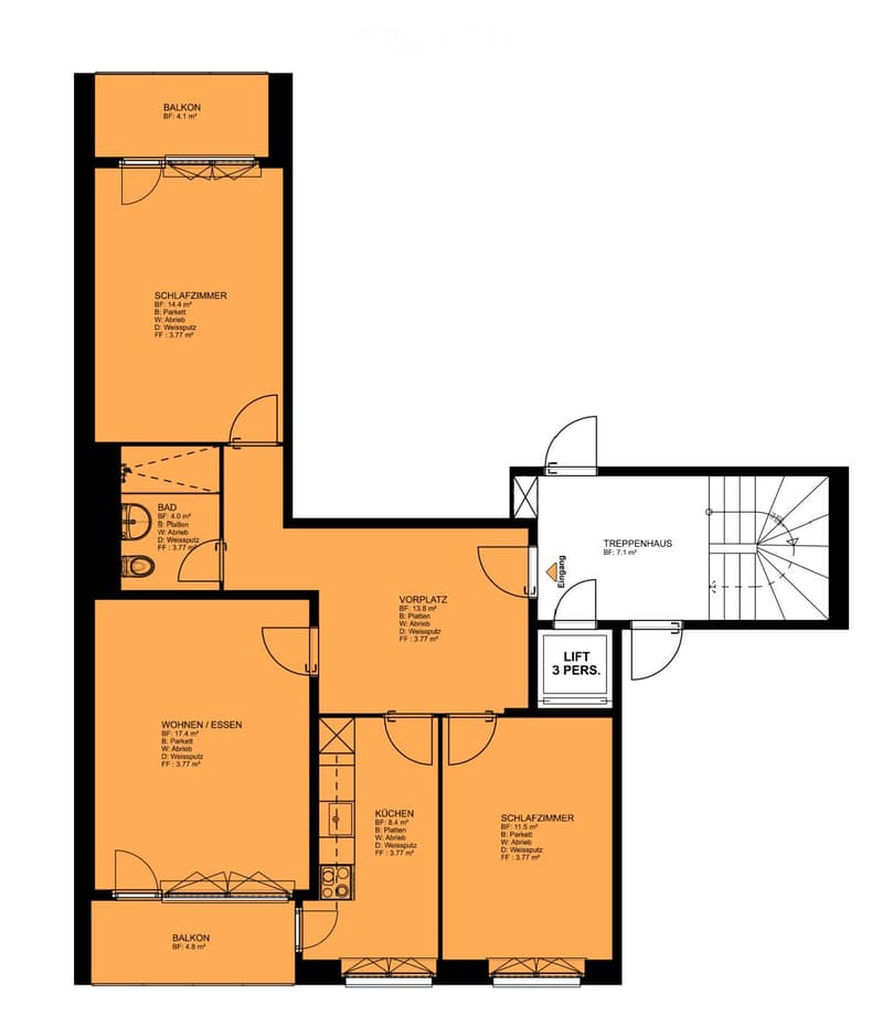 Floor plan of an apartment with a living/dining area, kitchen, two bedrooms, bathroom, hallway, staircase, and two balconies.