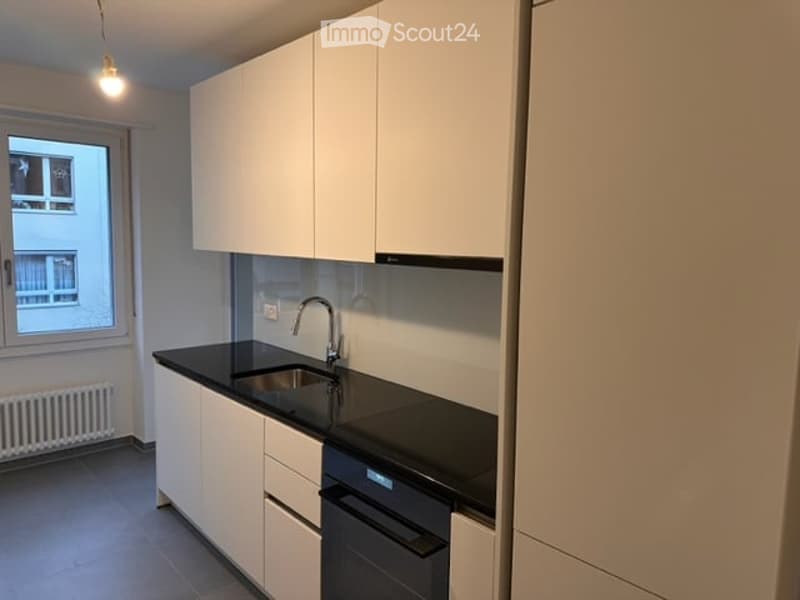 Modern kitchen with white cabinets, black countertop, stainless steel sink and faucet, and built-in dishwasher.