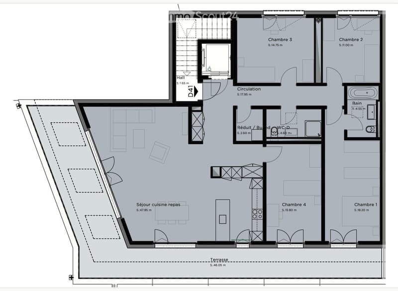 Floor plan of a house with four bedrooms, a living-dining-kitchen area, a bathroom, a WC, a hallway, and a terrace.