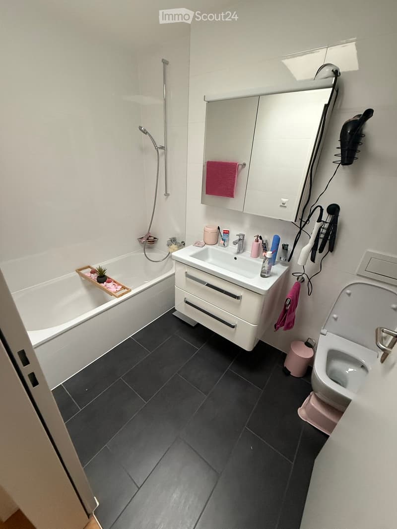 Modern bathroom with dark tiled floor, white bathtub, sink, toilet, and mirror. Includes a pink towel, hair dryer, and small decorative items on the sink counter.
