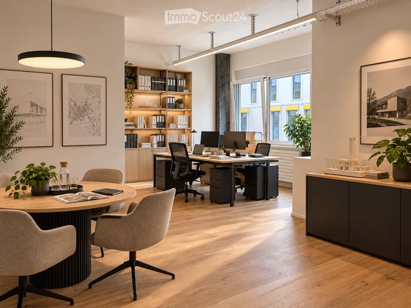 Modern office space with wooden flooring, large windows, a round meeting table with chairs, desks with office chairs, laptops, and shelves with binders and plants.