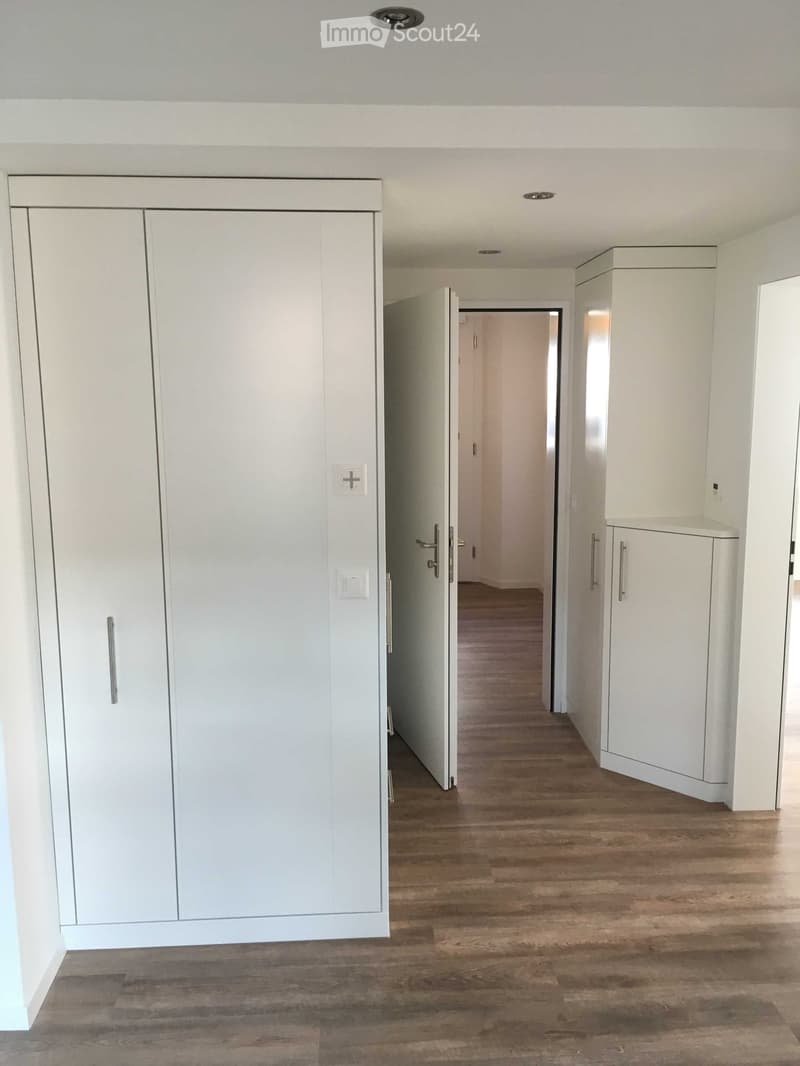 Empty hallway with wooden flooring, white walls, built-in white cabinets, and recessed lighting.