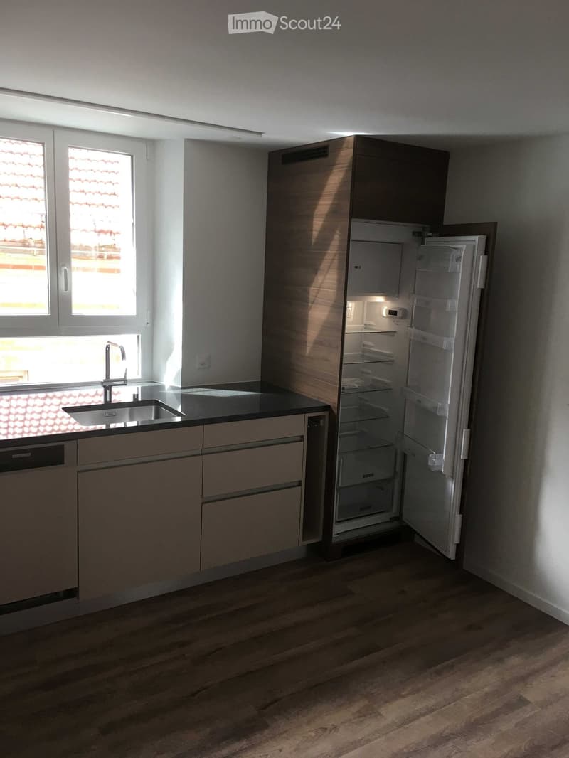 Modern kitchen with light wood cabinets, stainless steel sink, and open refrigerator. The space features wooden flooring and large windows with a view of a tiled roof.