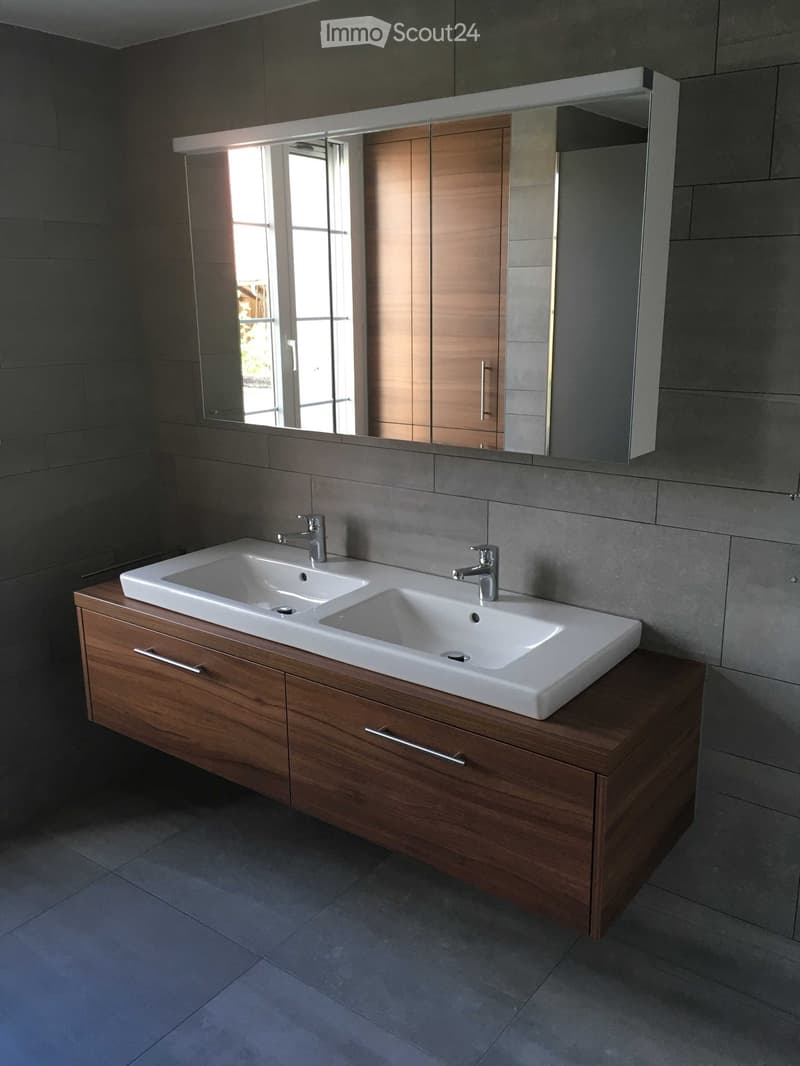 Modern bathroom with a double sink vanity, wooden cabinet, and large mirror above.