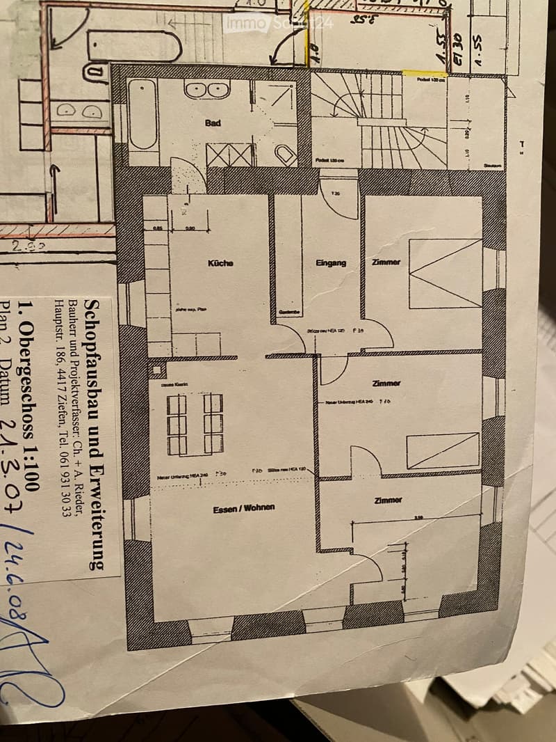 Floor plan of a shop/office building and residential extension, including a bed, kitchen, entrance, living/dining area, and multiple rooms.