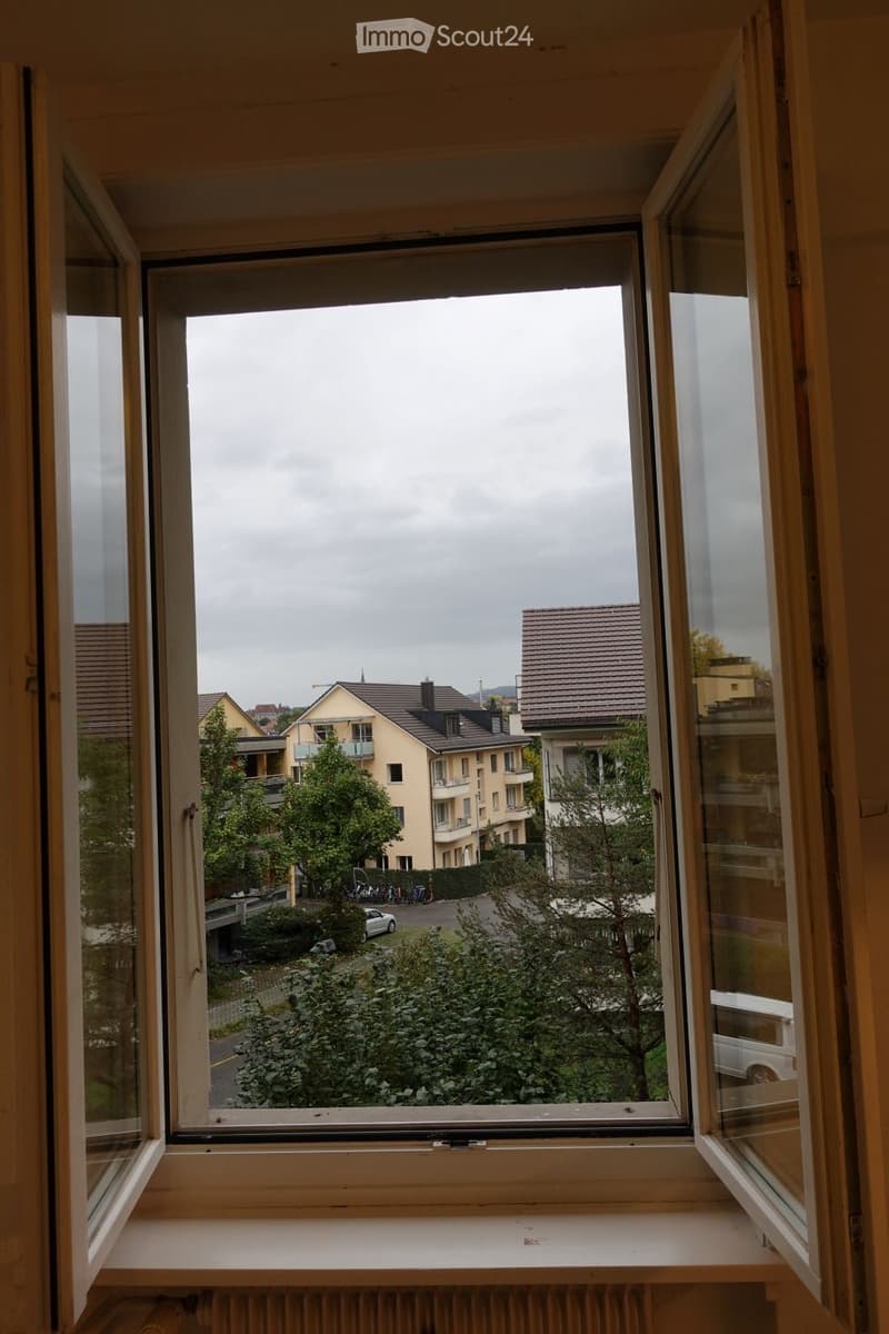 Open window view of a residential area with houses, trees, and parked cars.
