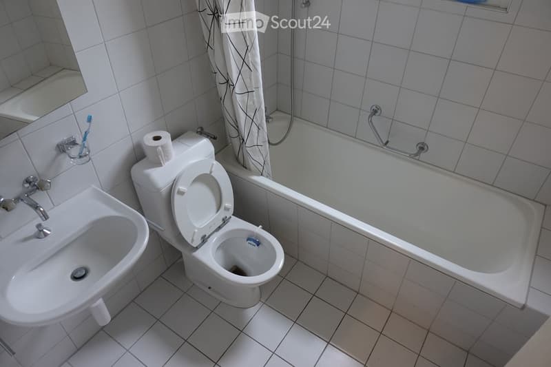 Bathroom with white tiled walls and floor, featuring a toilet, bathtub, sink, mirror, toothbrush holder, and toilet paper on the toilet tank.