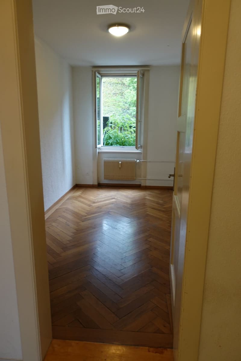 Empty hallway with wooden herringbone flooring, white walls, a single window with open shutters, and a radiator below it.