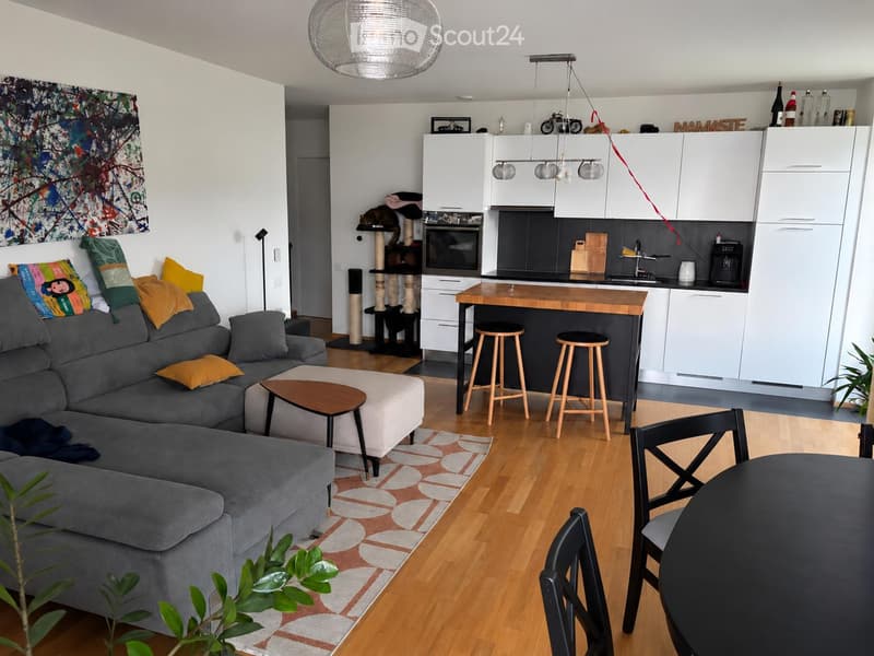 Open-plan living and kitchen area with grey sectional sofa, coffee table, kitchen island, bar stools, and cat tree. Modern white cabinets, pendant lights, and a colorful painting on the wall.