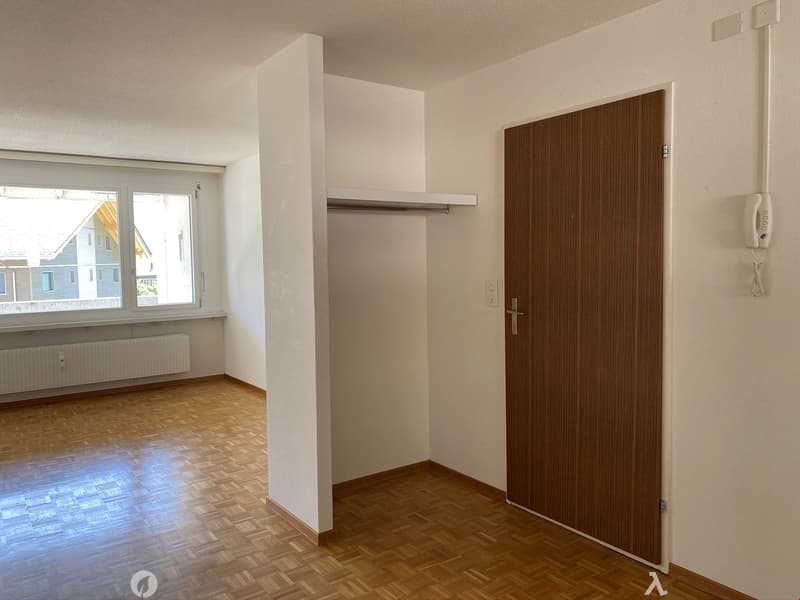 Empty room with wooden flooring, white walls, a radiator, and a closed wooden door. Natural light from a window illuminates the space.