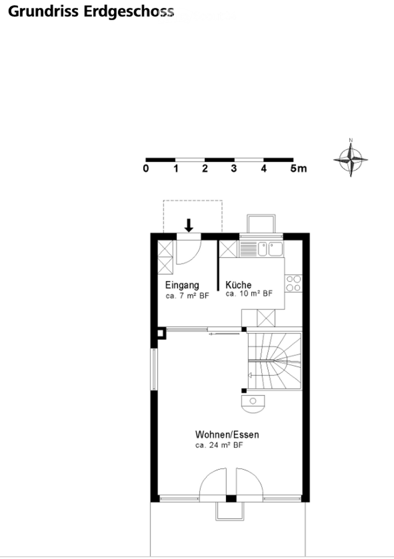 Ground floor floor plan showing entrance, kitchen, and living/dining area.