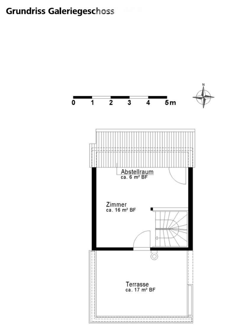 Floor plan of a gallery level showing a room, storage space, and terrace.