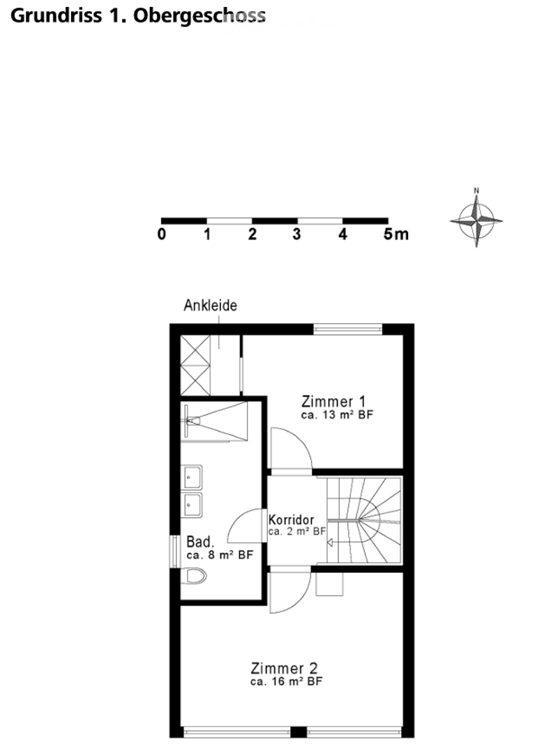 Floor plan of the upper floor showing a hallway, two bedrooms, a bathroom, and a closet.