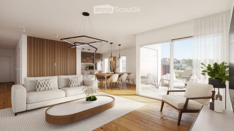 Modern, open-concept living and dining area with a white sofa, wooden coffee table, dining table with chairs, pendant lights, and a view of the city through large windows.