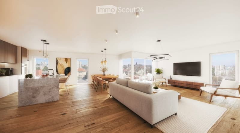 Open-concept living and dining area with hardwood floors, large windows offering a city view, a grey sofa, coffee table, dining table with chairs, kitchen island, pendant lights, and a television.