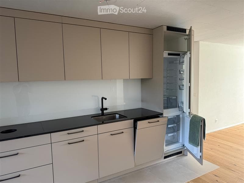 Modern kitchen with light-colored cabinets, black countertop, stainless steel sink, and an open refrigerator with visible shelves.