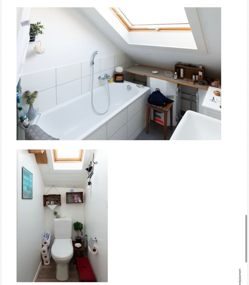 Two bathrooms: one with a bathtub, showerhead, sink, shelves, and a stool; the other with a toilet, sink, shelves, and a small plant. Both have white tiled walls and wooden floors.